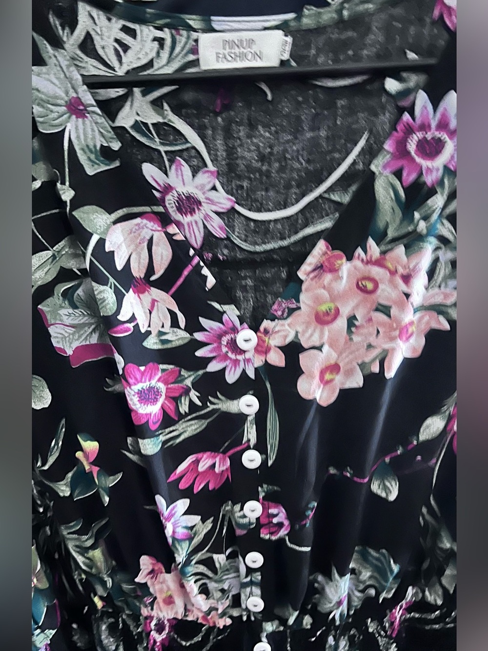 Black Floral Button-Front Dress with Pink & Green Blooms